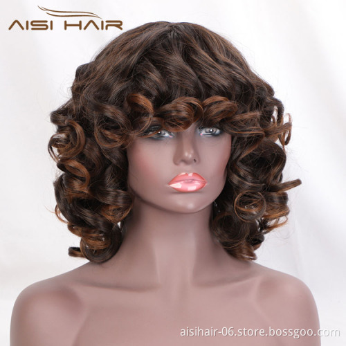 Aisi Hair Vendor Cheap Wholesale Curly Loose Wave Short Bob Ombre Brown Wig With Bangs For Black Women Synthetic Hair Wigs